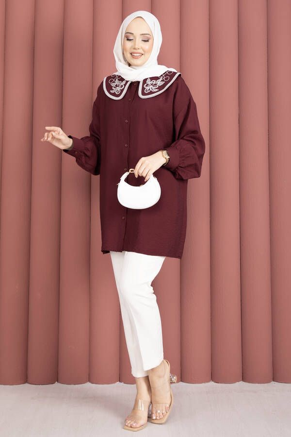 Yaka Nakışlı Tesettür Tunik Bordo - 3