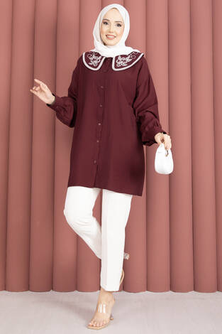 Yaka Nakışlı Tesettür Tunik Bordo - Thumbnail