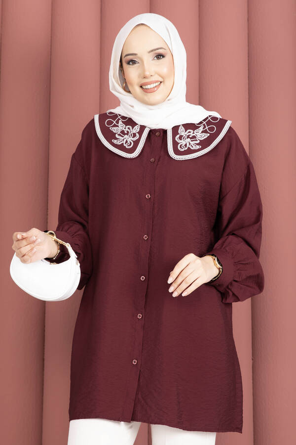 Svs - Yaka Nakışlı Tesettür Tunik Bordo (1)