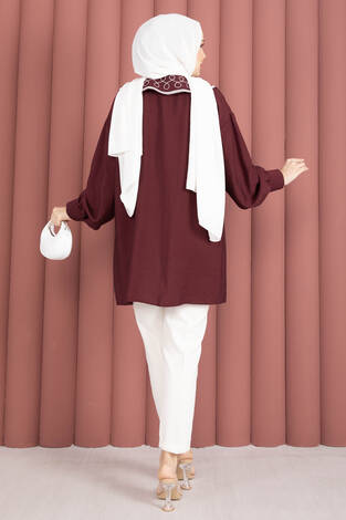 Yaka Nakışlı Tesettür Tunik Bordo - Thumbnail