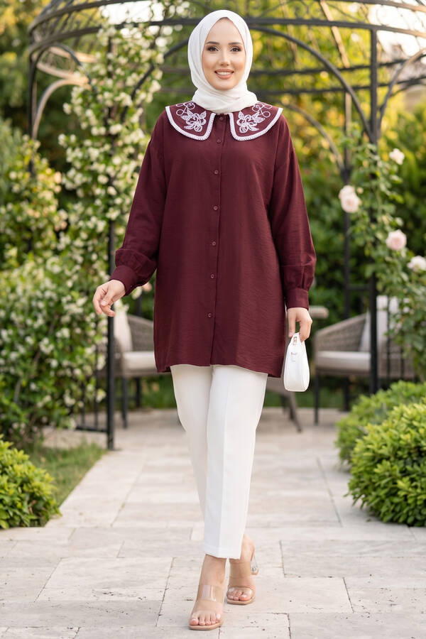 Svs - Yaka Nakışlı Tesettür Tunik Bordo