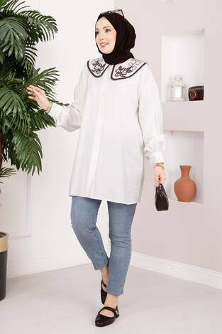 Yaka Nakışlı Tesettür Tunik Ekru - Thumbnail