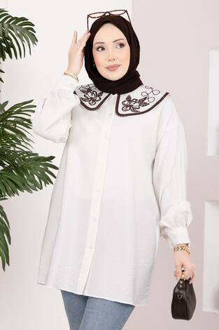 Yaka Nakışlı Tesettür Tunik Ekru - Thumbnail