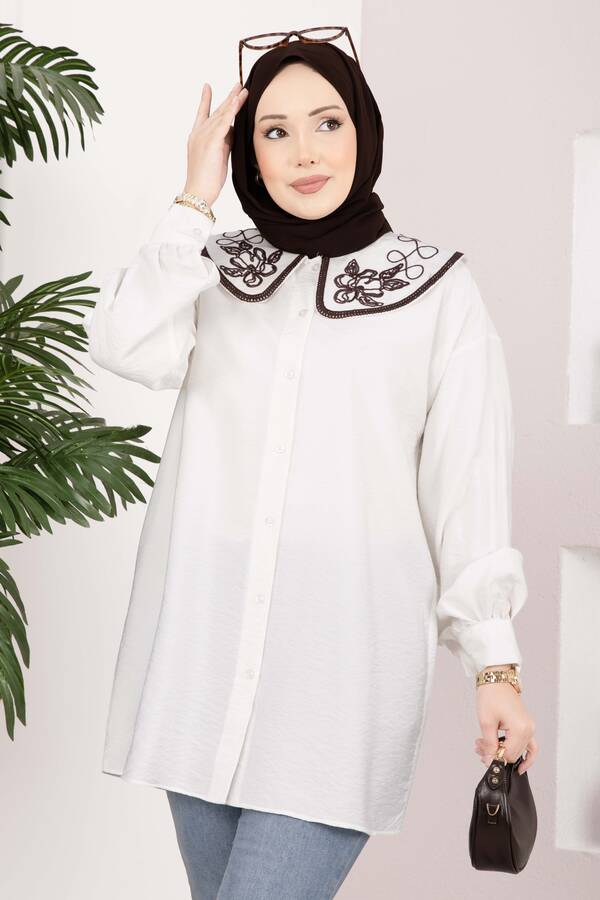 Svs - Yaka Nakışlı Tesettür Tunik Ekru (1)