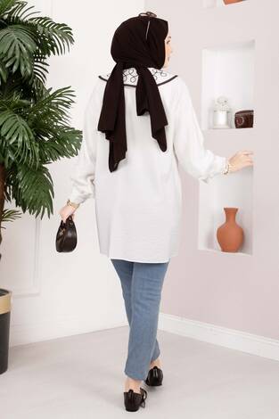 Yaka Nakışlı Tesettür Tunik Ekru - Thumbnail