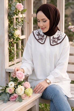 Yaka Nakışlı Tesettür Tunik Ekru