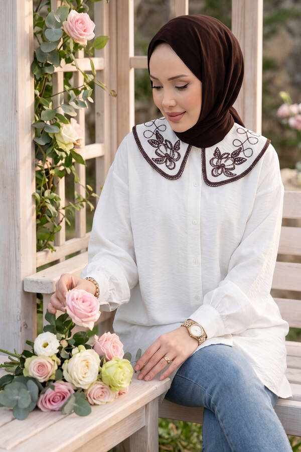 Svs - Yaka Nakışlı Tesettür Tunik Ekru
