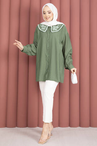 Yaka Nakışlı Tesettür Tunik Haki - Thumbnail