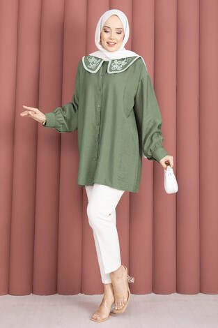 Yaka Nakışlı Tesettür Tunik Haki - Thumbnail