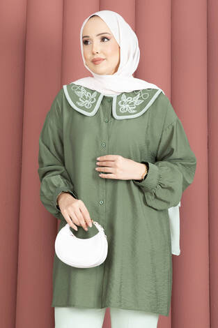 Yaka Nakışlı Tesettür Tunik Haki - Thumbnail