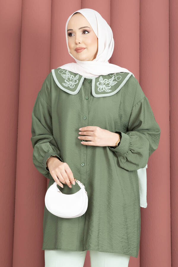 Svs - Yaka Nakışlı Tesettür Tunik Haki (1)