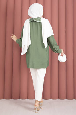 Yaka Nakışlı Tesettür Tunik Haki - Thumbnail