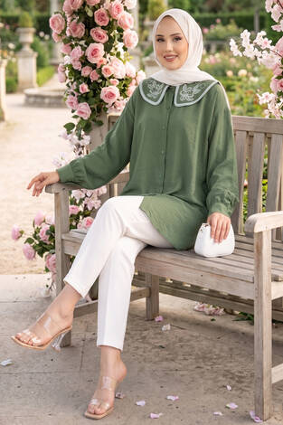 Yaka Nakışlı Tesettür Tunik Haki