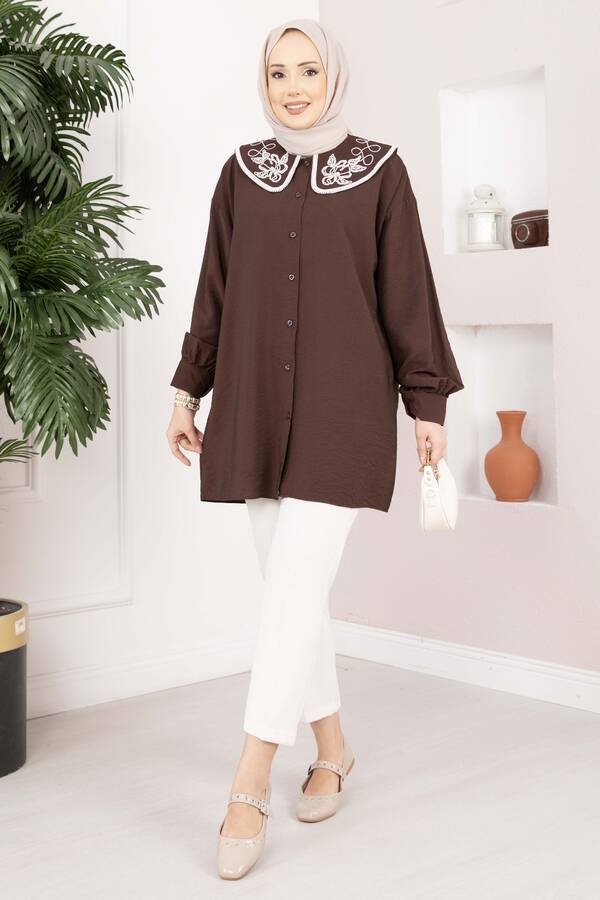 Yaka Nakışlı Tesettür Tunik Kahve - 4