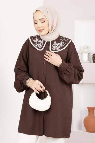 Yaka Nakışlı Tesettür Tunik Kahve - Thumbnail