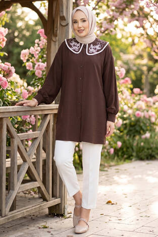 Yaka Nakışlı Tesettür Tunik Kahve