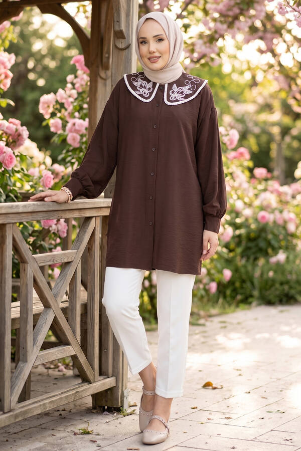 Svs - Yaka Nakışlı Tesettür Tunik Kahve