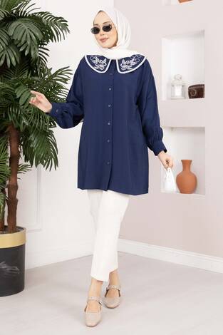 Yaka Nakışlı Tesettür Tunik Lacivert - Thumbnail