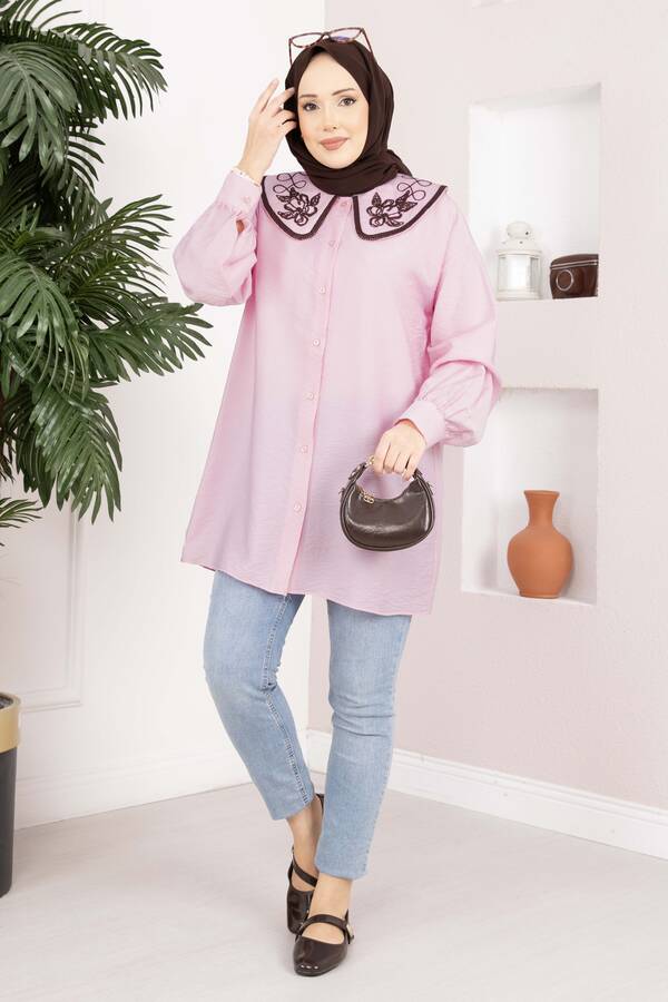 Yaka Nakışlı Tesettür Tunik Pembe - 4