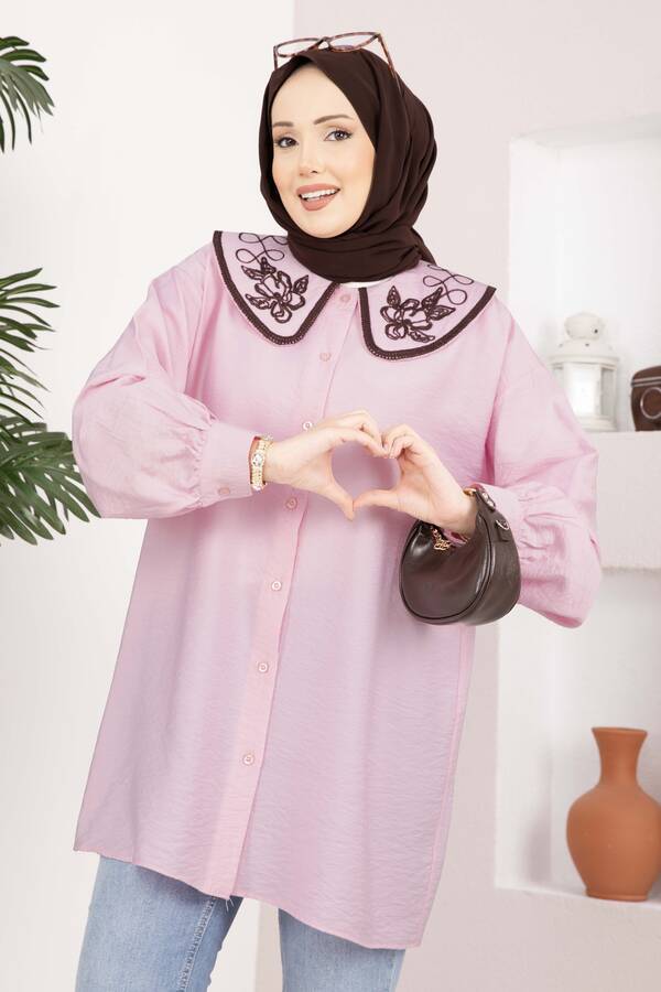 Svs - Yaka Nakışlı Tesettür Tunik Pembe (1)