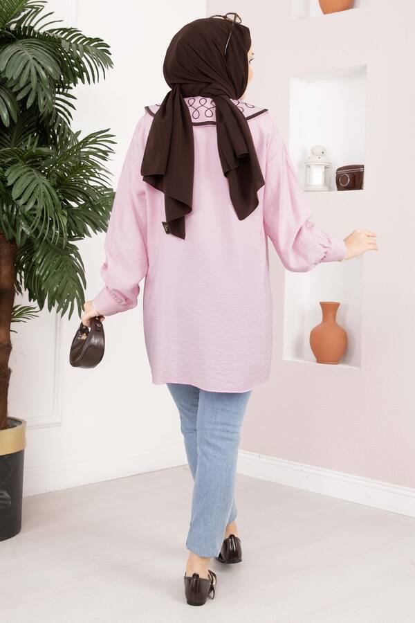 Yaka Nakışlı Tesettür Tunik Pembe - 5