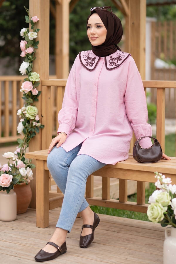 Svs - Yaka Nakışlı Tesettür Tunik Pembe