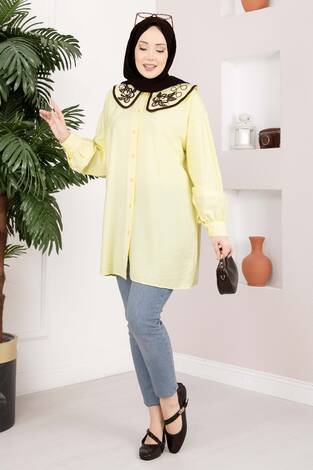 Yaka Nakışlı Tesettür Tunik Sarı - Thumbnail