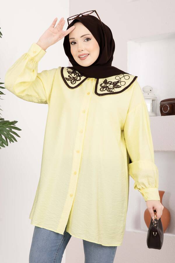 Svs - Yaka Nakışlı Tesettür Tunik Sarı (1)