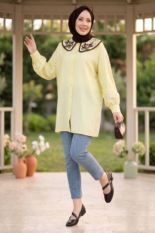 Yaka Nakışlı Tesettür Tunik Sarı