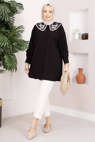 Yaka Nakışlı Tesettür Tunik Siyah - Thumbnail