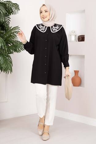 Yaka Nakışlı Tesettür Tunik Siyah - Thumbnail