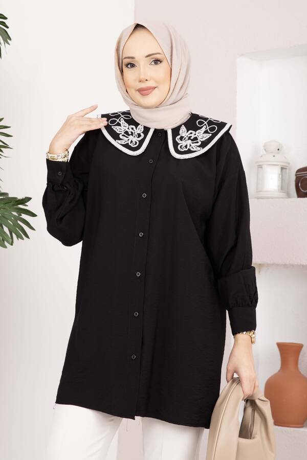 Svs - Yaka Nakışlı Tesettür Tunik Siyah (1)