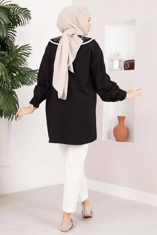 Yaka Nakışlı Tesettür Tunik Siyah - Thumbnail