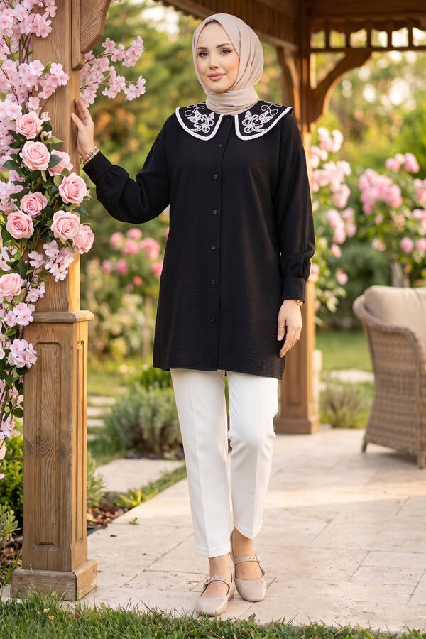 Svs - Yaka Nakışlı Tesettür Tunik Siyah
