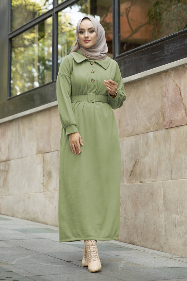 Yakalı Düğme Detaylı Tesettür Elbise 100MD10110 Çağla Yeşili