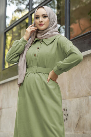 Yakalı Düğme Detaylı Tesettür Elbise 100MD10110 Çağla Yeşili - Thumbnail