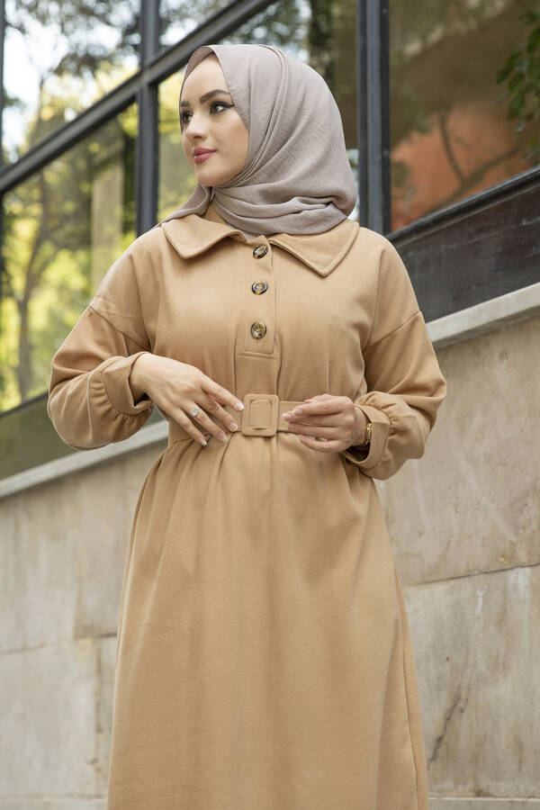 Yakalı Düğme Detaylı Elbise 100MD10110 Camel