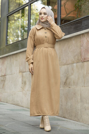 Yakalı Düğme Detaylı Elbise 100MD10110 Camel - Thumbnail