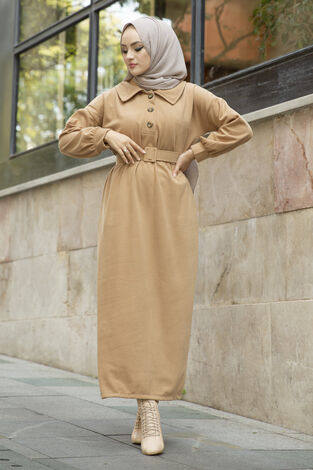 Yakalı Düğme Detaylı Elbise 100MD10110 Camel - Thumbnail