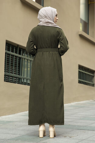 Yakalı Düğme Detaylı Tesettür Elbise 100MD10110 Haki - Thumbnail
