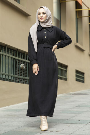 Yakalı Düğme Detaylı Tesettür Elbise 100MD10110 Siyah - Thumbnail