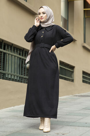Yakalı Düğme Detaylı Tesettür Elbise 100MD10110 Siyah - Thumbnail