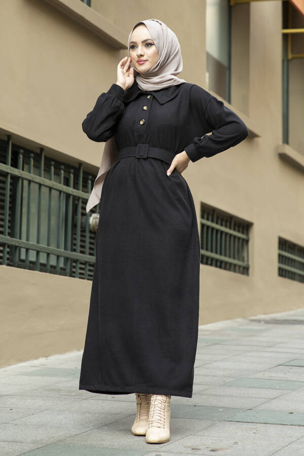 Yakalı Düğme Detaylı Tesettür Elbise 100MD10110 Siyah