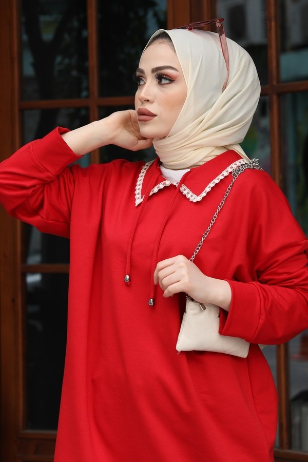  - Yakası dantelli Sweat Tunik 2737-3 Kırmızı (1)
