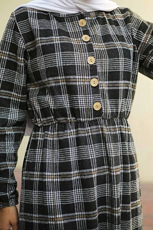 Yakası Düğme Detaylı Kareli Elbise 180SB8740 Siyah - Thumbnail