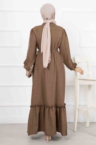 Yakası Fırfır Detay Elbise Kahve - Thumbnail