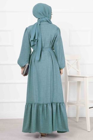 Yakası Fırfır Detay Elbise Mint - Thumbnail
