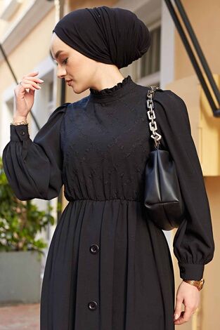 Yakası Fırfırlı Nakışlı Tesettür Elbise 570FS-8526 Siyah - Thumbnail