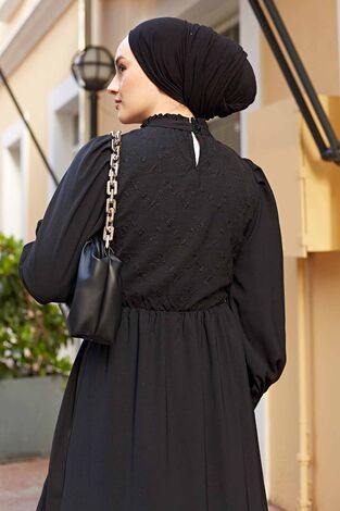 Yakası Fırfırlı Nakışlı Tesettür Elbise 570FS-8526 Siyah - Thumbnail