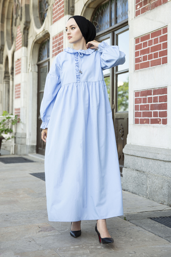 Yakası Fırfırlı Poplin Tesettür Elbise 100MD-10432 Bebe Mavisi